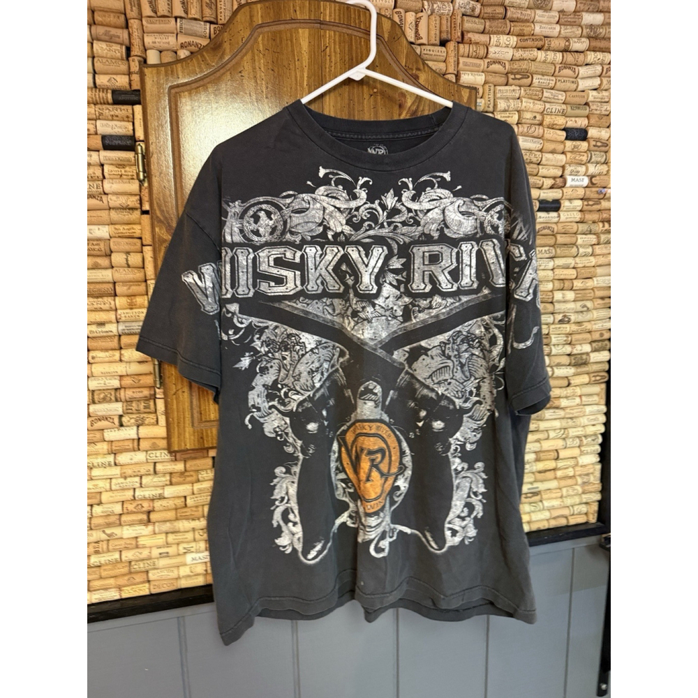 Whiskey River Beer Wings Biker Bar Motorcycle Double Sided Western Guns Sz XL